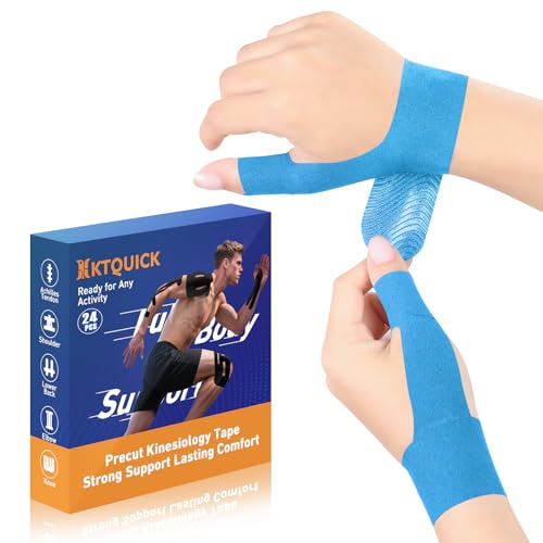 Precut Kinesiology Tape for Thumb Left, 24PCS Waterproof & Hypoallergenic Latex-Free Athletic Tape for Thumb Support, Wrist & Thumb Brace, Elastic Breathable Long-Lasting Thumb Tape(Blue) - color: Blue, size: 24PCS LEFT