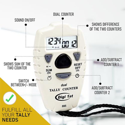TC-895 Digital Dual Tally Counter, Electronic Up Down Clicker Counter, Add/Subtract People Counter, Handheld Pitch Counter for Golf, Lap & Sports Games