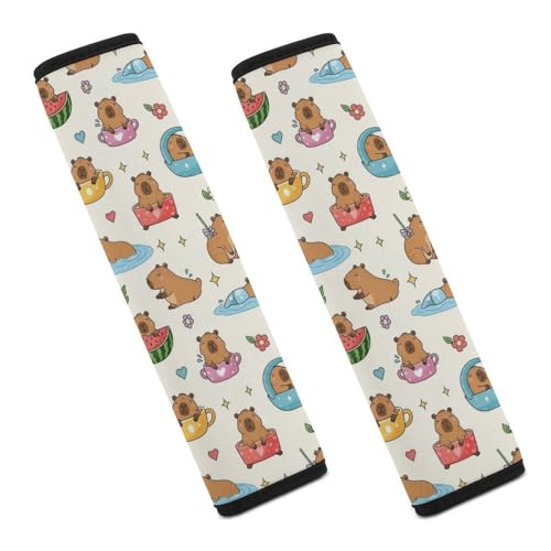 Soft Padded Seat Belt Cover for Girls and Boys, Stroller Pushchair High Chair, 2 Piece Cute Capybaras Floral Shoulder Protector Anti-Slip Pad - color: Pattern 859