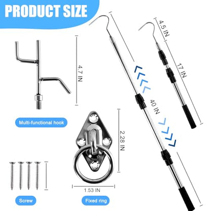 Telescopic Attic Pull Down Hook, 17" to 35" Adjustable Stainless Steel Pull Stick and Stainless Steel Pull Ring, Replacing Old-Fashioned Hanging Ropes on attic Stairs.