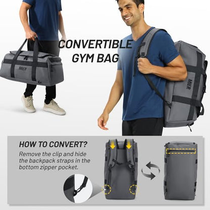 MIER Men's 60L Gym Duffle Bag Large Weekender Travel Duffel Backpack, Gray | Spacious Shoe Compartment; Convertible Duffel with Back Pack Straps; Heavy-Duty & Water-Resistant; Traveling Overnight Gear - color: Grey