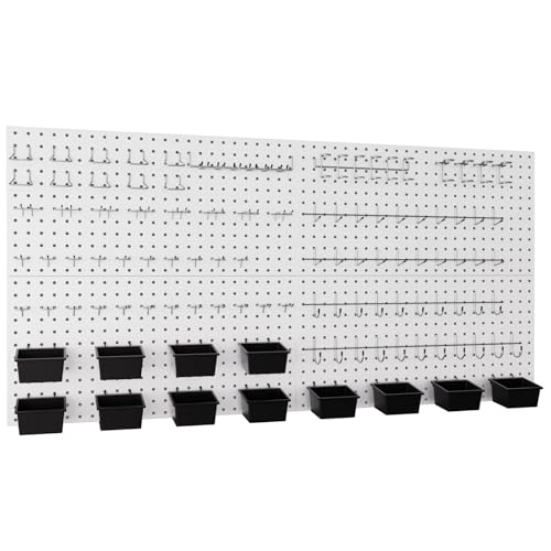 INCLY 158PCS White Metal Pegboard Wall Organizer 48x24 Inch | Pegboard Panels Tool Organizer Kit with Accessories Hooks and Bins, Peg Board Utility Tool Storage, For Garage Workbench Shed - color: White, size: 48x24 Inch