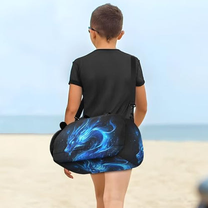 Kids Sports Duffel Bag for Boys & Girls - Blue Flame Dragon 100% Polyester Gym Bag with Separate Shoe Compartment, Adjustable Shoulder Strap, Compact Travel & Workout Gear Bag - color: Blue Flame Dragon