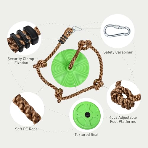 RedSwing Rope Ladder and Pro 3-in-1 Disc Swing Seat Combo, Climbing Ladders for Swingset, Hanging Rope Ladder with Strap and Snap Hook, Great for Play Set, Outdoor, Tree House, Playground - color: Light Green + Rainbow