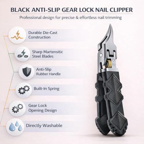 Pro Nail Clipper Set with Gear Lock Black Non Slip Handle Wide Jaw 180 Degree for Thick Nails Ingrown Toenail Clipper Ultra Sharp Stainless Steel Ergonomic Grip Safety Lock Travel Case