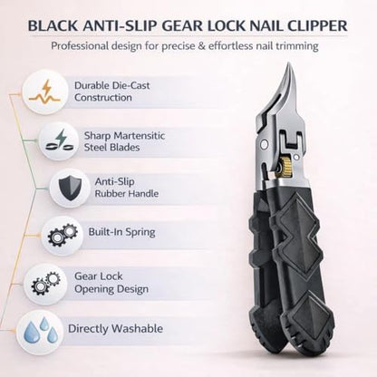 Pro Nail Clipper Set with Gear Lock Black Non Slip Handle Wide Jaw 180 Degree for Thick Nails Ingrown Toenail Clipper Ultra Sharp Stainless Steel Ergonomic Grip Safety Lock Travel Case