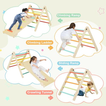 Costzon Climbing Toys for Toddlers, Foldable Montessori Wooden Arch Climber Ladder with Sliding Ramp, Play Table, Multi-Combination Methods, Kids Triangle Climber Play Gym Set for Boys Girls Present - style: 7 in 1 Arch Climber Ladder, Rainbow