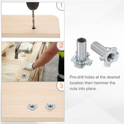 HARFINGTON 1/4x10mm T-Nuts 4 Pronged Tee Nut 0.68" x 0.89" Half Thread Carbon Steel Inserts for Wood, Rock Climbing Holds, Cabinetry, Furniture 50pcs - size: 1/4" x 0.39" x 0.68" x 0.89"