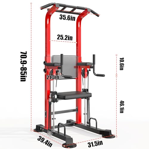 SogesHome Power Tower Pull Up Bar Station Height Adjustable Assistive Rack | Multi-Function Strength Training Equipment Full Body Workout Machine, Freestanding Push Up Dip Stand for Home Gym Exercise - color: Red