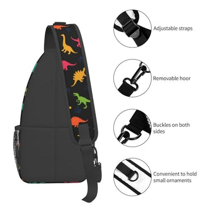 Cartoon Dinosaur Crossbody Sling Bags for Women Men Colorful Dinosaur Silhouettes Childish Pattern Travel Sling Backpack Casual Shoulder Bag Cute Animal Print Gym Sports Hiking Daypack - color: Green Yellow Red