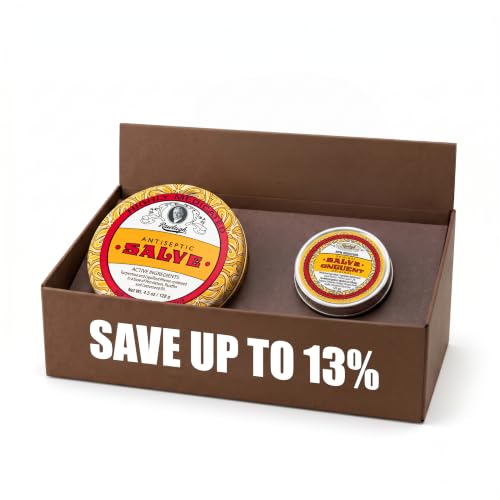 Rawleigh Antiseptic Salve 4.5 oz + Antiseptic Salve (Small tin) 0.96 oz - Iconic Yellow Tin | Soothing Relief for Cuts, Burns, Blisters & Chapped Skin | for People & Animals, Original Recipe - size: Large Tin (4.5 Ounce) + Small Tin (0.96 Ounce)