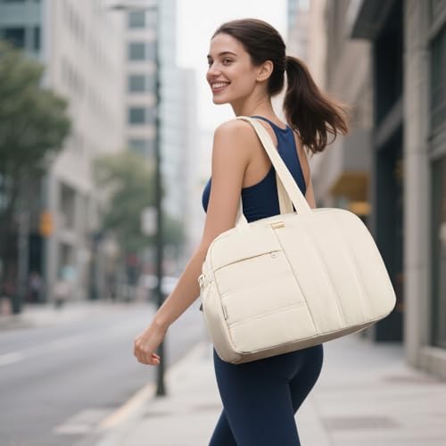 CAMTOP Gym Bag for Women with Yoga Mat Holder, Small Duffle Bag 16 Inches Personal Item Travel Bag with Muiti-Pockets Lightweight Carry on Water Resistant, Beige
