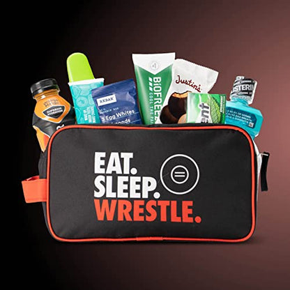 ChalkTalkSPORTS Wrestling Toiletry Bag - Eat Sleep Wrestle - Black Red | Polyester, Center Zipper, Side Handle, 11 x 6 x 5 Inches, Sports Camp Bag, Pencil Case, Dopp Kit, Wrestling Gift - color: Eat Sleep Wrestle