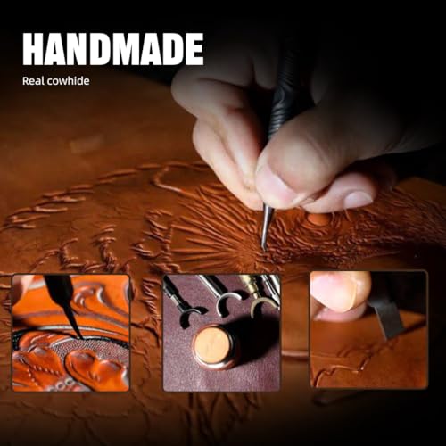 KONLLEN Leather Magnetic Chalk Holder, Pool Cue Accessory | Round or square engraved leather holder keeps billiard chalk secure and easy to reach during pool play. - color: Vt Round Holder-brown