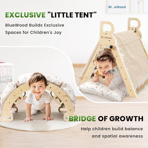 BlueWood Pikler Triangle Set with Cushion, Wooden Climbing Toys for Toddler | Foldable 9-in-1 Montessori Philosophy Toddler Climbing Toys Indoor with Reversible Ramp, Arch and Ladder - Pink - color: Pink