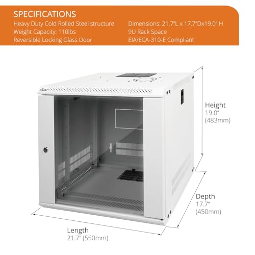Tecmojo 9U Wall Mount Rack Network Cabinet for 19" IT Equipment,with Lockable Glass Door and Side Panels,Cooling Fan,17.7inch Depth,White,Computer/Electronics Equipment Data Rack - color: White