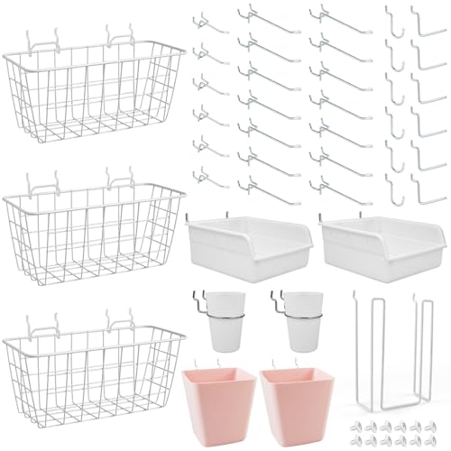 Pegboard Organizer Set 42Pack Peg Board Baskets Hooks Bins Cups(White Pink) | 1/8" 1/4" Pegboard Accessories Organizers, Large Mixed Set, Wall Storage Display Holders for Craft Office Stadio Shed Garage - color: White & Pink