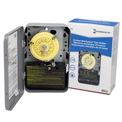 Intermatic T101 24-Hour Mechanical Timer Switch - 120V SPST, Indoor Metal Enclosure, Heavy Duty, Manual Override, 40 Amp - Ideal for Lights, Pumps, Fans, and HVAC Systems - size: 1-Pack