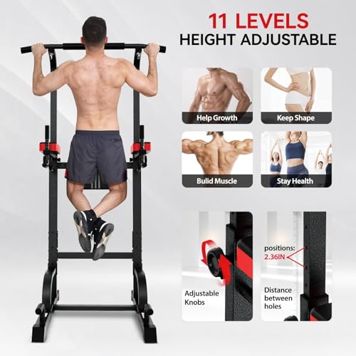 Pooboo Power Tower Dip Station Pull Up Bar for Fitness Home Gym Workout,450 Pounds Multi-Function Adjustable Height Fitness Strength Training Exercise Equipment,with Power Elastic Ropes - color: Black Red-03