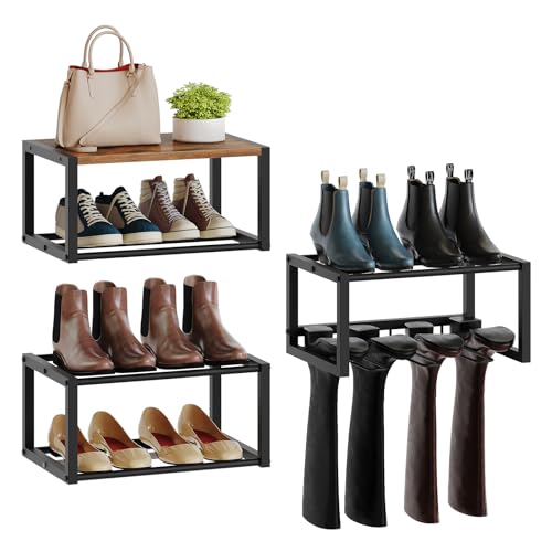 YATINEY Wall Mounted Shoe Rack, Shoe Organizer for Wall, 3 Pack Floating Shoe Shelf, Hanging Metal Shoe Storage, Holds 6-12 Pairs, 6-Tier Space Saving for Entryway, Rustic Brown and Black SS01BR