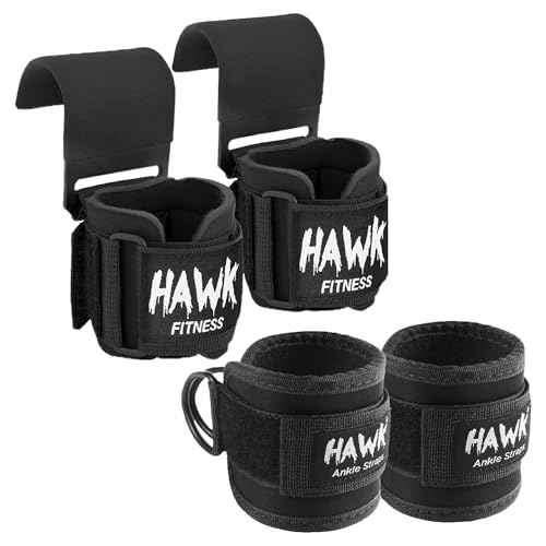 Hawk Sports Weightlifting Hooks with Wrist Straps & Ankle Strap Pair for Safely Weightlifting - Strengthen Your Grip and Lift Heavier Weights at Full Power