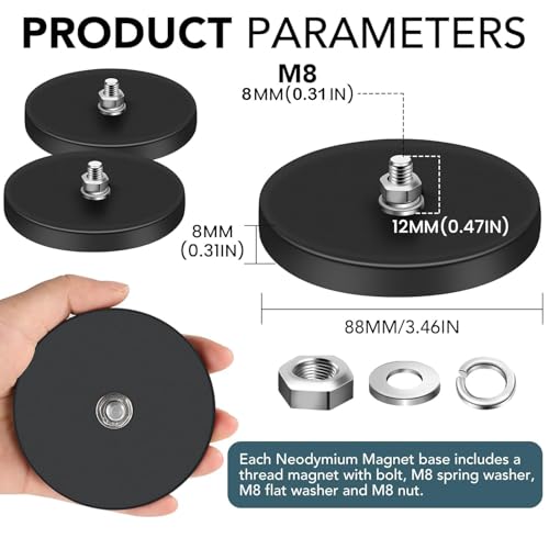 DIYMAG Rubber Coated Magnets 12 Pcs Adhesive Power 120LBS Anti-Scratch Neodymium Magnet Base with M8 Threaded Studs and Nuts, Black Strong Magnets Hold for Light Bar, Mirror, Camera, PTZ - size: M8-120LB-3.46in
