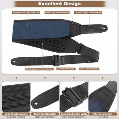 Guitar Straps for Electric Guitar Bass, Smooth Guitar Strap, 3" Wide Padded Straps with 3D Sponge Filling, Comes with 4 Picks + 2 Strap Locks + 1 Headstock Tie + 1 Tie Rope, Dark Blue - color: Smooth Deep Blue
