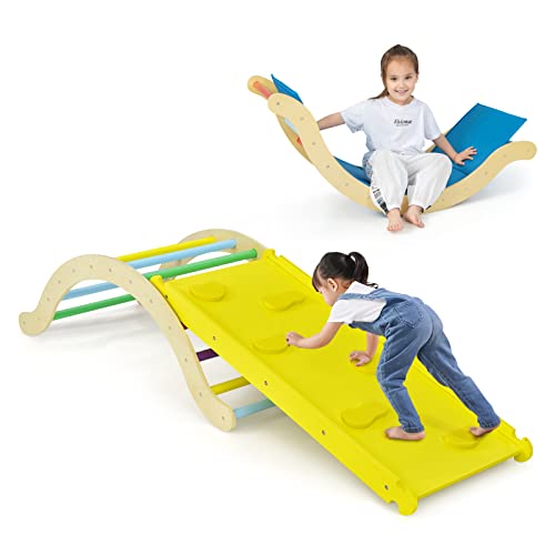 HONEY JOY Wooden Ladder Arch for Climbing, 3 in 1 Kids Climber Ladder & Rocker Board w/Cushion Pad, Toddler Climbing Toy Set for Playground, Gym & Daycare, Gift for Boys Girls(Colorful) - color: Colorful, size: Ladder Arch