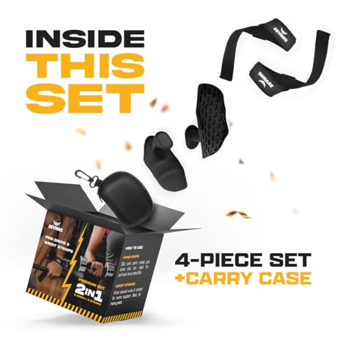 Workout Grips & Wrist Straps Set - Anti-Slip Silicone Hand Grips + Lifting Straps for Gym, Weightlifting, Pull-Ups, Deadlifts - Gloves Alternative (2 Grips + 2 Straps + Carry Case)
