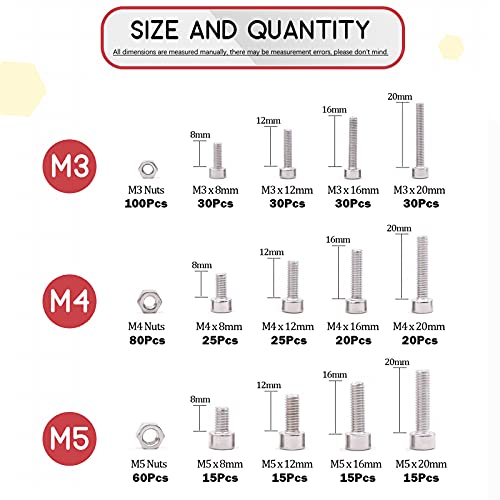 Hilitchi 510pcs M3 M4 M5 Stainless Steel Hex Socket Head Cap Bolts Screws Nuts Assortment Kit - 304 Stainless Steel (Hex Socket) - style: Hex Socket