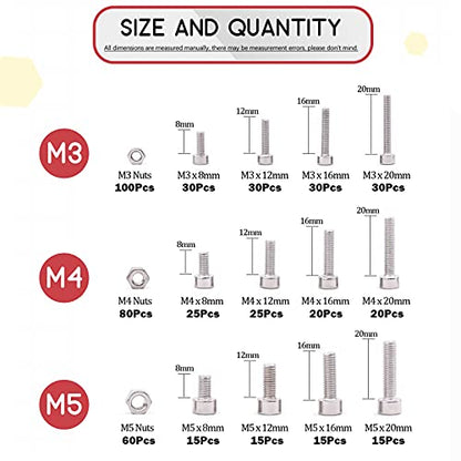 Hilitchi 510pcs M3 M4 M5 Stainless Steel Hex Socket Head Cap Bolts Screws Nuts Assortment Kit - 304 Stainless Steel (Hex Socket) - style: Hex Socket