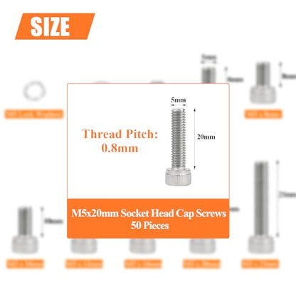 HELIFOUNER 50 Pieces M5 x 20mm, Thread Pitch 0.8mm, 304 Stainless Steel (18-8) Hex Socket Head Cap Screws, Fully Threaded - size: M5 x 20mm