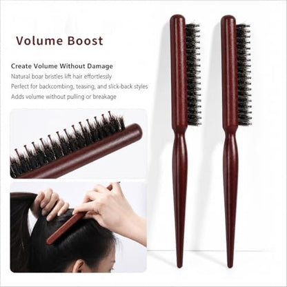 2 Pcs Teasing Boar Bristle Hair Brush for Women Rat Tail Comb with Pick Fine Tooth Hair Brush for Edge Control Backcombing Slick Back Smoothing and Styling Brush Adds Volume Reduces Frizz