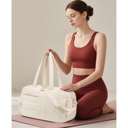 CAMTOP Gym Bag for Women with Yoga Mat Holder, Small Duffle Bag 16 Inches Personal Item Travel Bag with Muiti-Pockets Lightweight Carry on Water Resistant, Beige