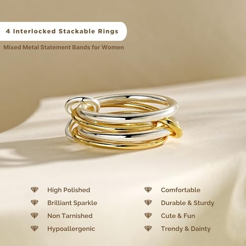 NOKMIT 14K Gold Plated 4 Interlocking Stackable Rings Set with CZ Cubic Zirconia Gold & Silver Mixed Metals Multi-Link Connected Statement Bands for Women Hypoallergenic Non Tarnish Jewelry Gifts - style: *Classic Interlocking Rings