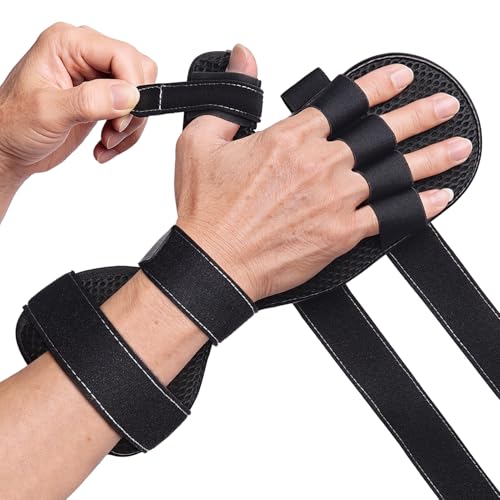 DrFinger Stroke Hand Brace Splint for Straightening Fingers with 5 Fingers Resting Support,Prevent Fingers Curling, Dupuytren's Contractures, Hand Spasms, Fit Right & Left, Men & Women -Black- M - color: Black, size: M