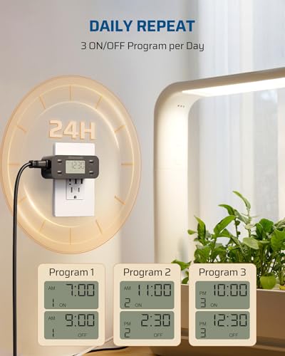 DEWENWILS 24 Hour Programmable Digital Timer Outlet with 1 Outlet, Black | 125V/15A/1000W, 1/2 HP, 3 Prong Light Timer for Indoor Lamp, Fan, Aquarium, Christmas Decorations, Reptile Tanks - style: Black-1PK