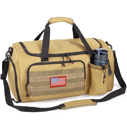 Tactical Gym Bag for Men, 60L Duffle Bag with Shoes Compartment for Travel | Water-Resistant Sports Weekender Bag with Adjustable Shoulder Strap Wet Pocket for Gym,Travel,Hiking,Camping Overnight Trips - color: Brown, size: Large