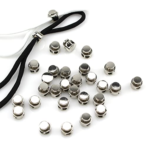 Metal Cord Locks for Drawstrings Silver Double Hole Spring Cord Round End Clasps Stopper Elastic Fastener for Paracord, Shoelaces, Bags, Clothing and Rope(30Pieces)