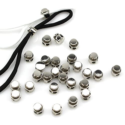 Metal Cord Locks for Drawstrings Silver Double Hole Spring Cord Round End Clasps Stopper Elastic Fastener for Paracord, Shoelaces, Bags, Clothing and Rope(30Pieces)