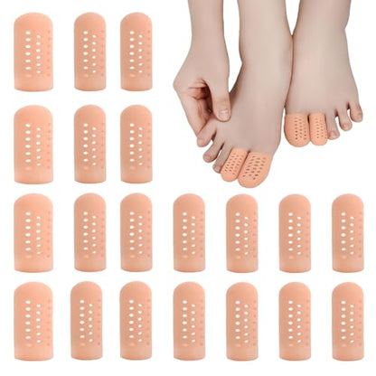 Gel Finger Cots 20 Pcs with Air Holes, Silicone Finger Protectors & Thumb Guards for Wounds, Cracking, Arthritis & Trigger Finger Pain Relief, Reusable Finger Covers & Sleeves in Nude
