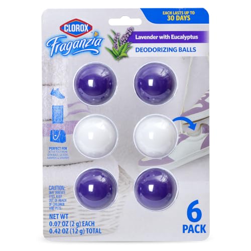 Clorox Fraganzia Deodorizing Balls with Lavender and Eucalyptus Scent, Shoe and Bag Odor Eliminator Balls for Shoes Lockers and Gym Bags with Long Lasting Freshness, 6 Count - 12 Pack - size: 6 Count (Pack of 12)