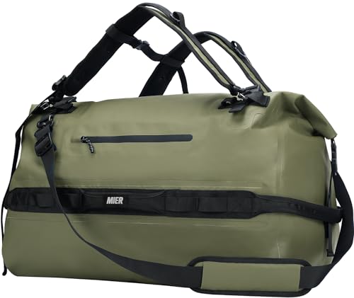MIER Large Waterproof Duffel Bag - 60L/80L Dry Bag Backpack | Detachable Backpack Straps; Multi-Pockets; Roll-Top with Hook-and-Loop Closure; Motorcycle, Kayaking, Gym, Beach, Boating - color: Army Green, size: 60L