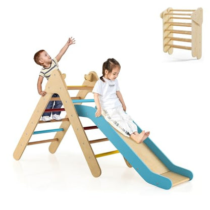 OLAKIDS Pikler Triangle Set 2 in 1 Climbing Toys for Toddlers Foldable Wood Montessori Baby Jungle Gym with Ladder Ramp Slide Kids Indoor Playground Activity Play Structure - color: Rainbow