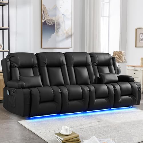IPKIG Power Recliner Sofa with Flip-Up Backrest Console, USB & USB-C Ports, AC Outlet, LED Lights, Wall Hugger Recliners for Living Room, RV (Black, 98.7" - 4 Seat) - color: Black, size: 98.7" - 4 Seat