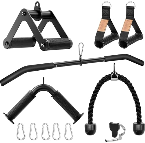 Cable Machine Attachment Set LAT Pulldown Attachments,Cable Machine Accessories for Home Gym Weight Workout Include LAT Pulldown Bar,Double D Bar, Tricep Rope,V Bar - color: Black-5 pcs