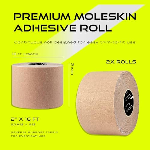 Moleskin Adhesive Roll – 2 Rolls – 2in x 16ft – Cut-to-Size Cotton Fabric | Thin, Flexible & Water-Resistant