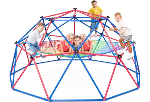 Hapfan Climbing Dome with Climbing Cargo Net, 10 ft Dome Jungle Gym with Hammock for Kids Outdoor Playset Monkey Bars Backyard (Red and Blue) - color: Red and Blue
