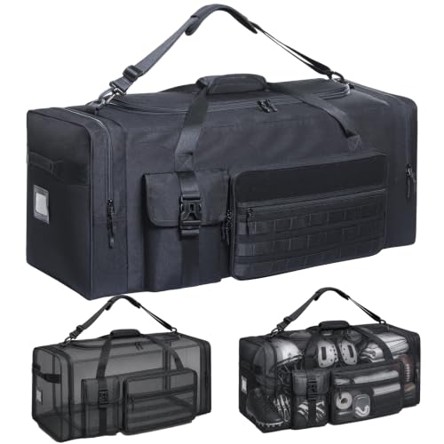 100L Sports Duffel Bag, 32-Inch Football Gear Bag for Helmet & Pads, Black | Bulky equipment storage, 900D Oxford fabric, soft-sided design, 7 extra pockets, wide U-shaped access, hand or shoulder carry - color: Black