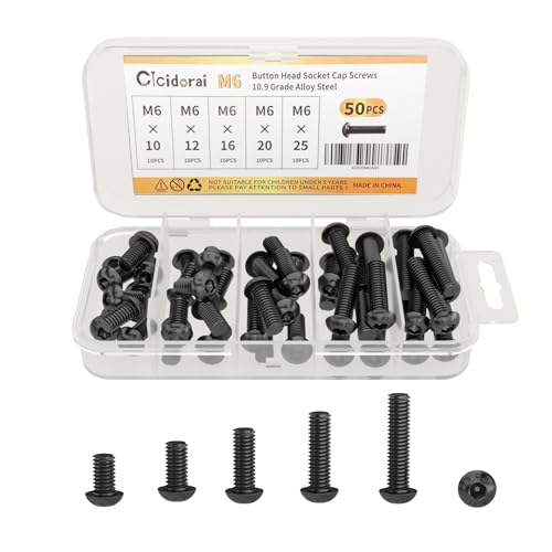 M6 x 10mm 12mm 16mm 20mm 25mm Button Head Socket Cap Screws Bolts, 10.9 Grade Alloy Steel, Metric Allen Hex Drive, Black Oxide Finish, Fully Threaded, Assortment Kit 50Pcs - size: Button Head M6x10, 12, 16, 20, 25mm(50pcs)